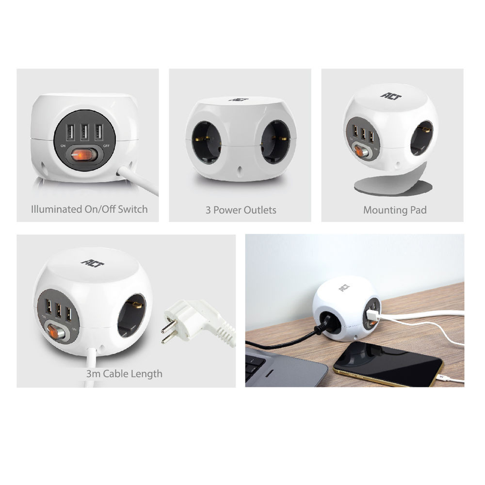 Разклонител ACT куб, 3 гнезда, 3x USB-A, 3.0м, бял - AC2410 - 2