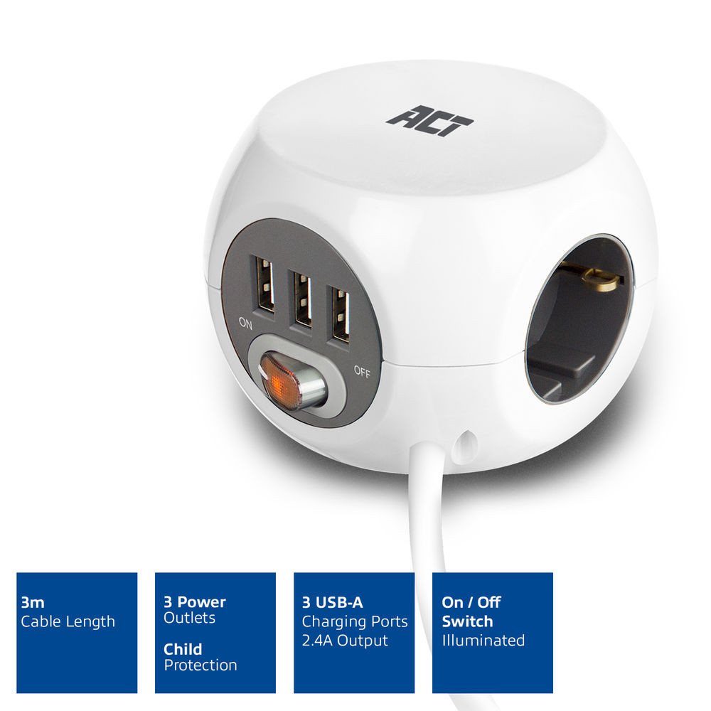 Разклонител ACT куб, 3 гнезда, 3x USB-A, 3.0м, бял - AC2410 - 4