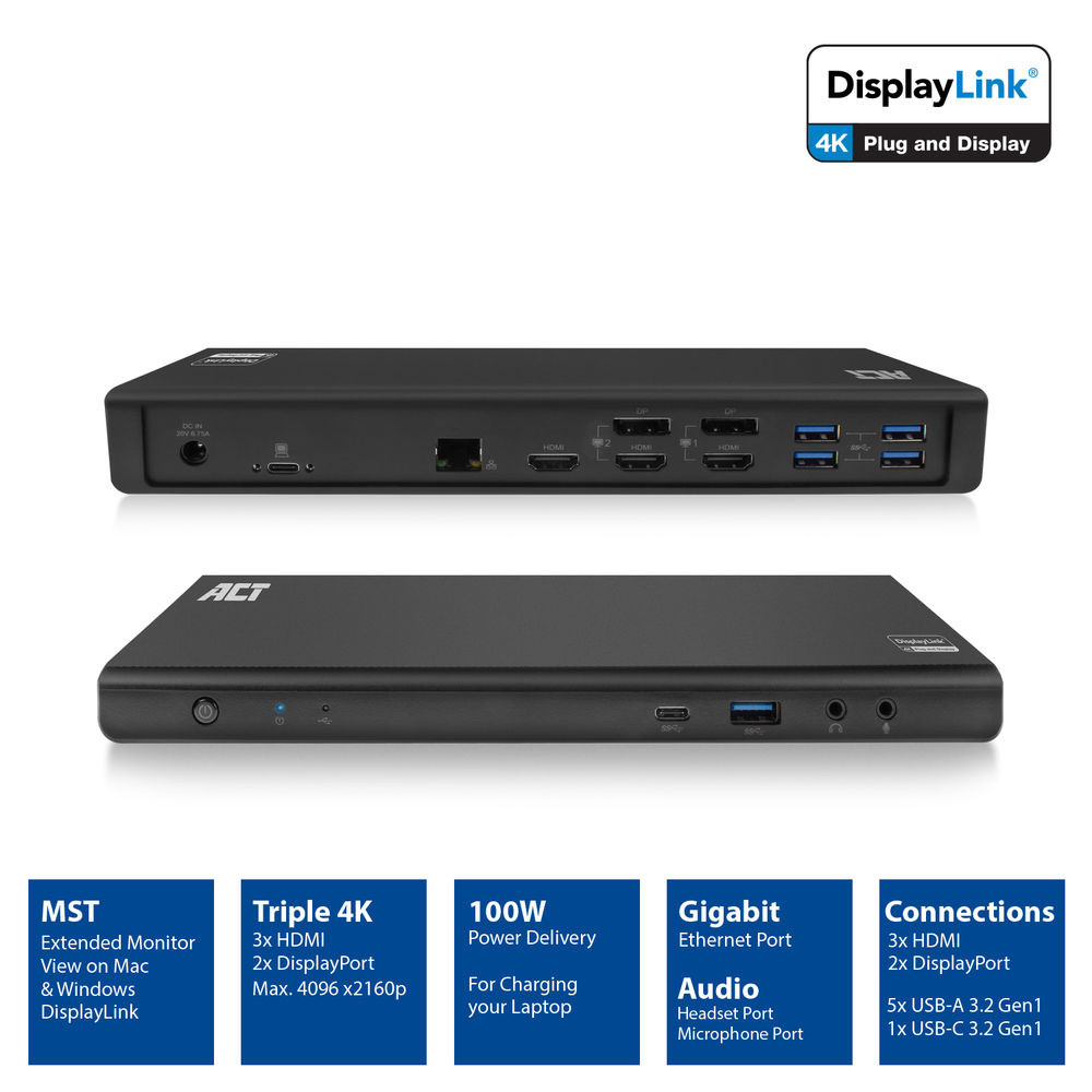 Докинг станция ACT AC7048, USB-C, 4K, 2-3 HDMI/DisplayPort монитора, DisplayLink - 2