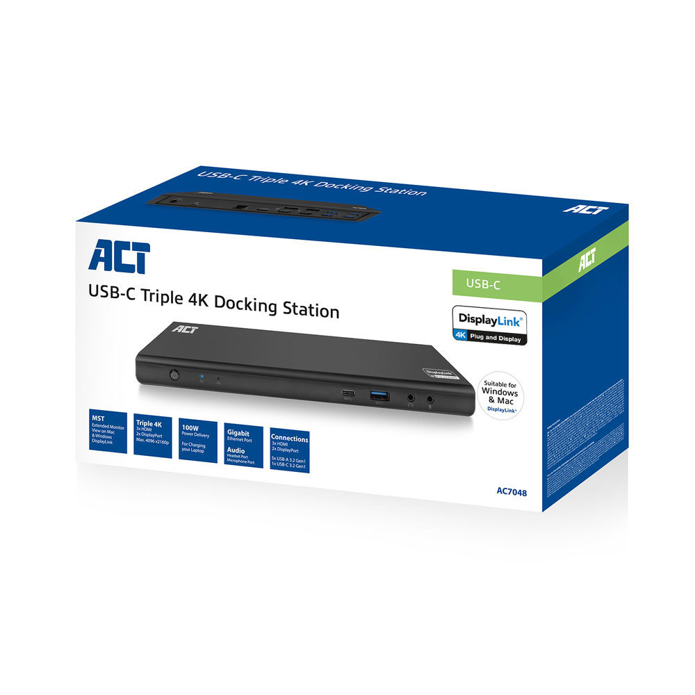 Докинг станция ACT AC7048, USB-C, 4K, 2-3 HDMI/DisplayPort монитора, DisplayLink - 8
