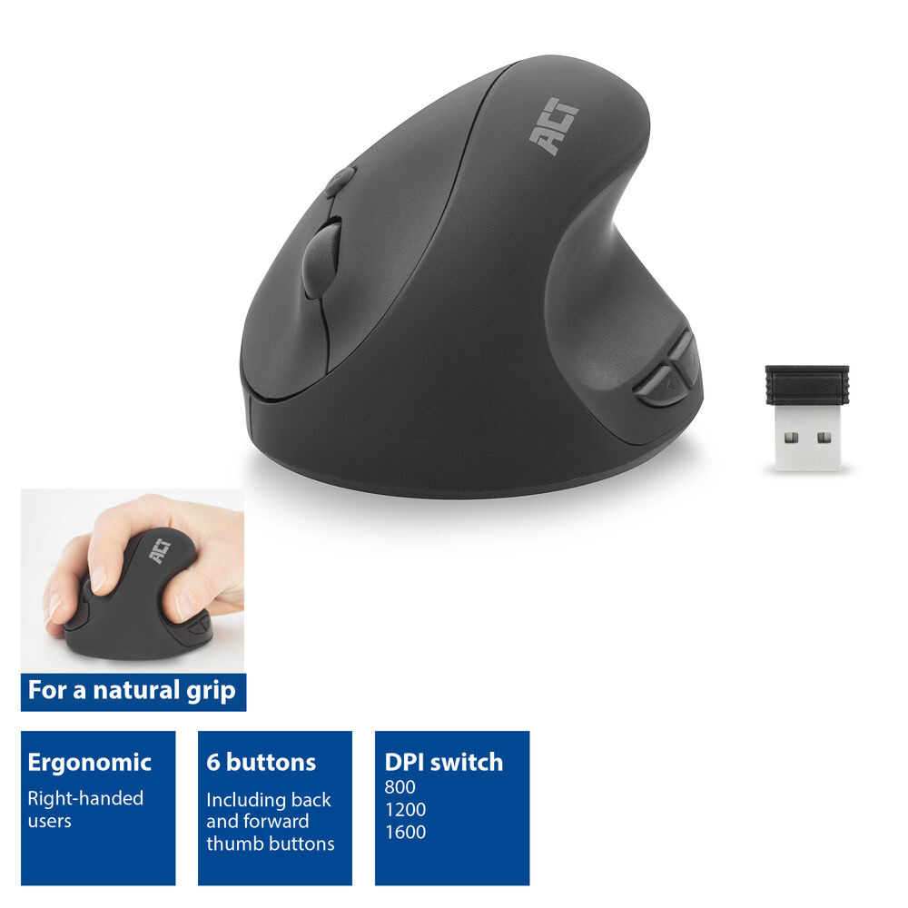 Безжична ергономична вертикална мишка ACT AC5101, 1600 DPI, USB-A наноприемник - 5