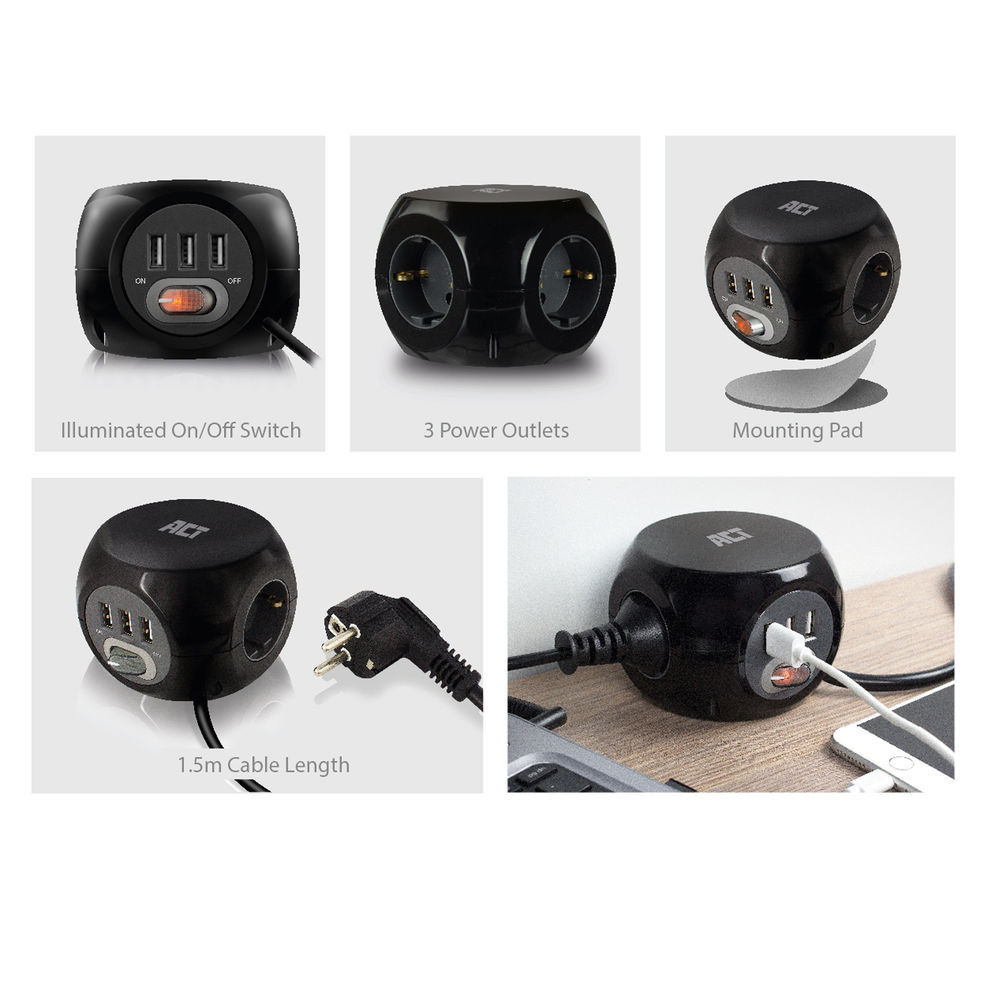 Разклонител ACT AC2400, 3 контакта, 3x USB-A, ключ, 1.5м - 5
