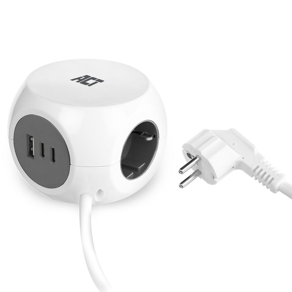 Разклонител ACT AC2420, куб 3 гнезда, USB-C/A портове, 30W Power Delivery, кабел 1.5м - 1