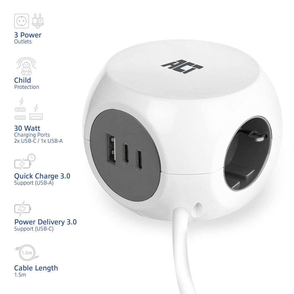 Разклонител ACT AC2420, куб 3 гнезда, USB-C/A портове, 30W Power Delivery, кабел 1.5м - 2