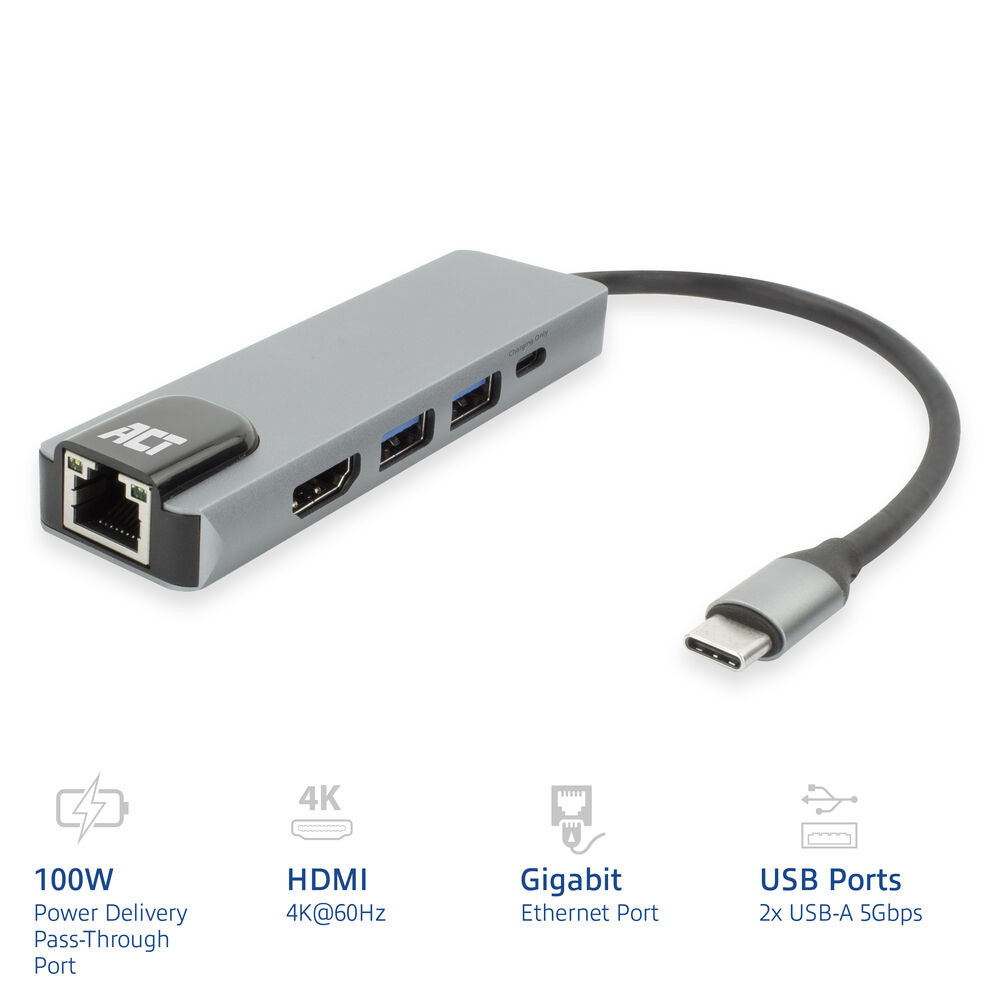 USB-C докинг станция ACT AC7091, HDMI 4K@60Hz, Gigabit Ethernet, 2x USB-A, USB-C PD 100W - 2