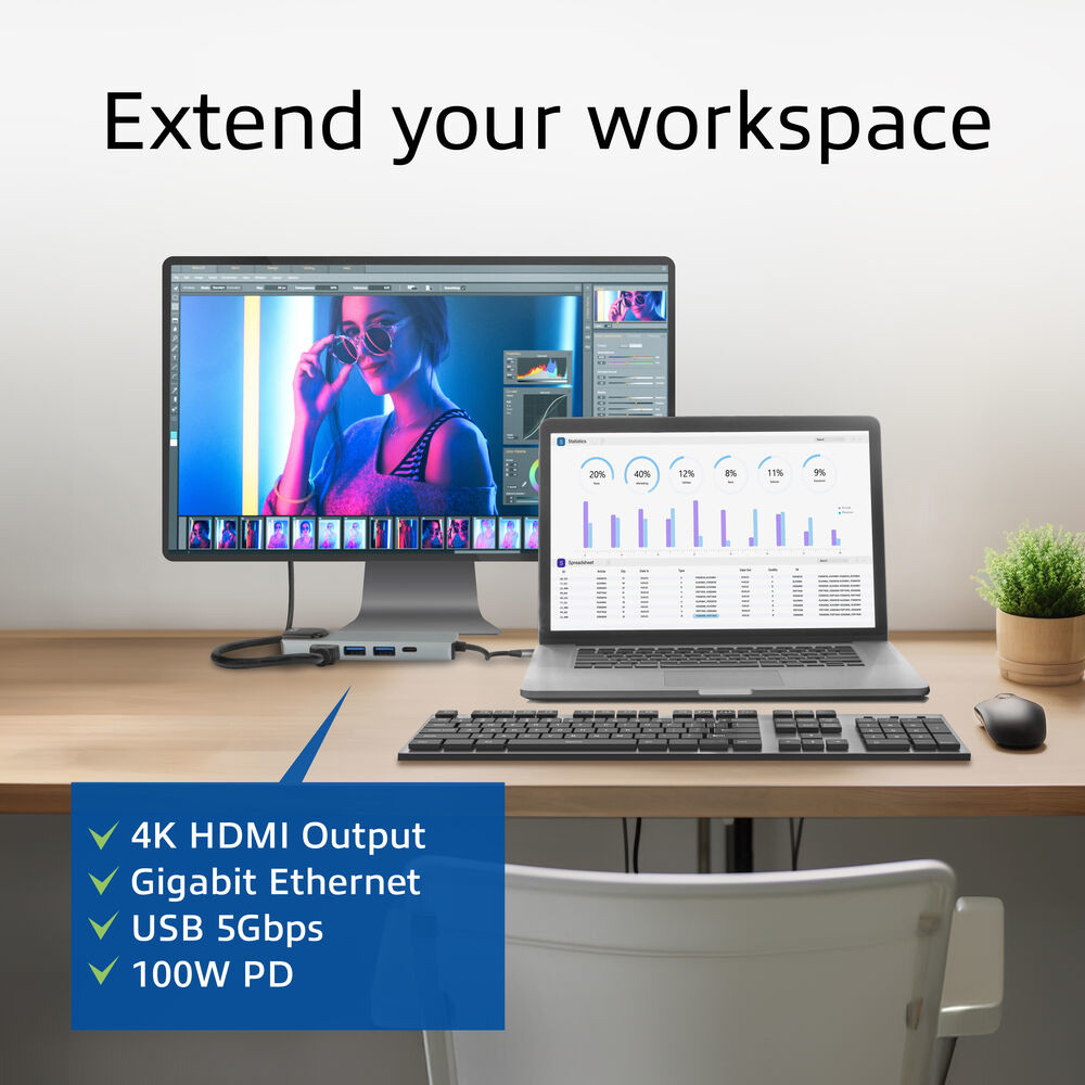 USB-C докинг станция ACT AC7091, HDMI 4K@60Hz, Gigabit Ethernet, 2x USB-A, USB-C PD 100W - 6