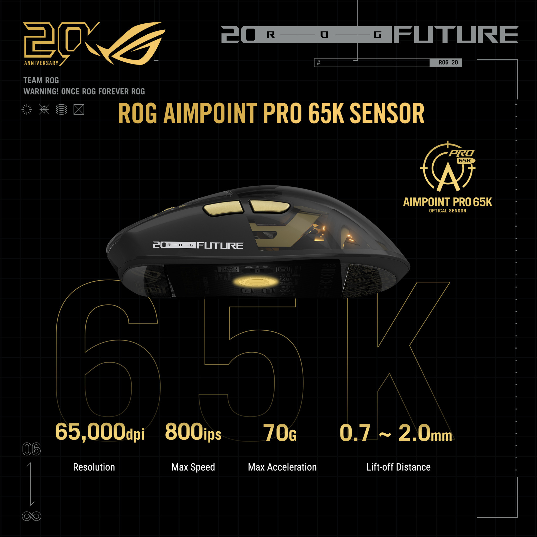 Безжична геймърска мишка ASUS ROG Harpe II Extreme Edition 20, 65000 DPI, ROG AimPoint Pro, Черна/златно- 90MP04Q0-BMUA00 - 2