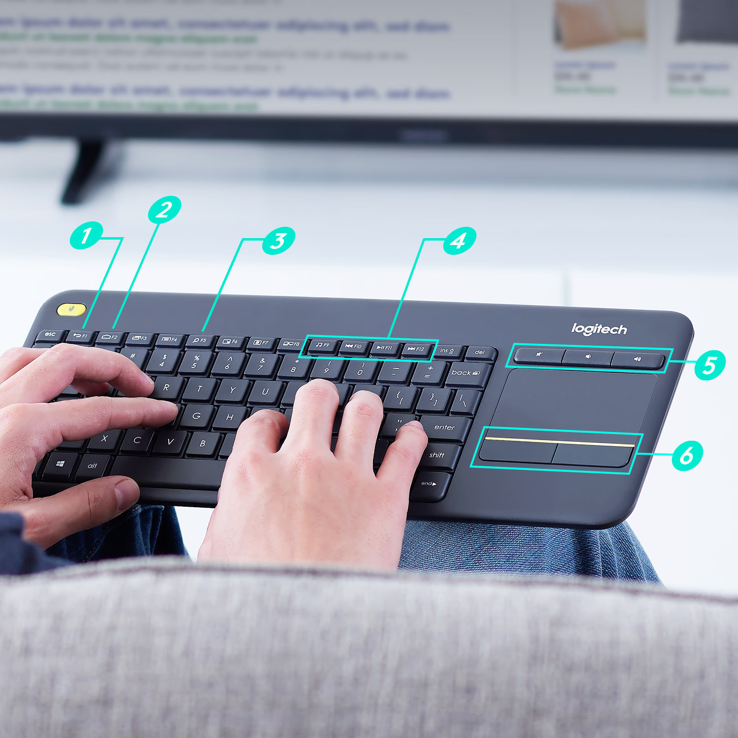 Безжична клавиатура с тъчпад Logitech K400 Plus, USB приемник, 10m обхват, тъмно синя - 920-007143 - 3