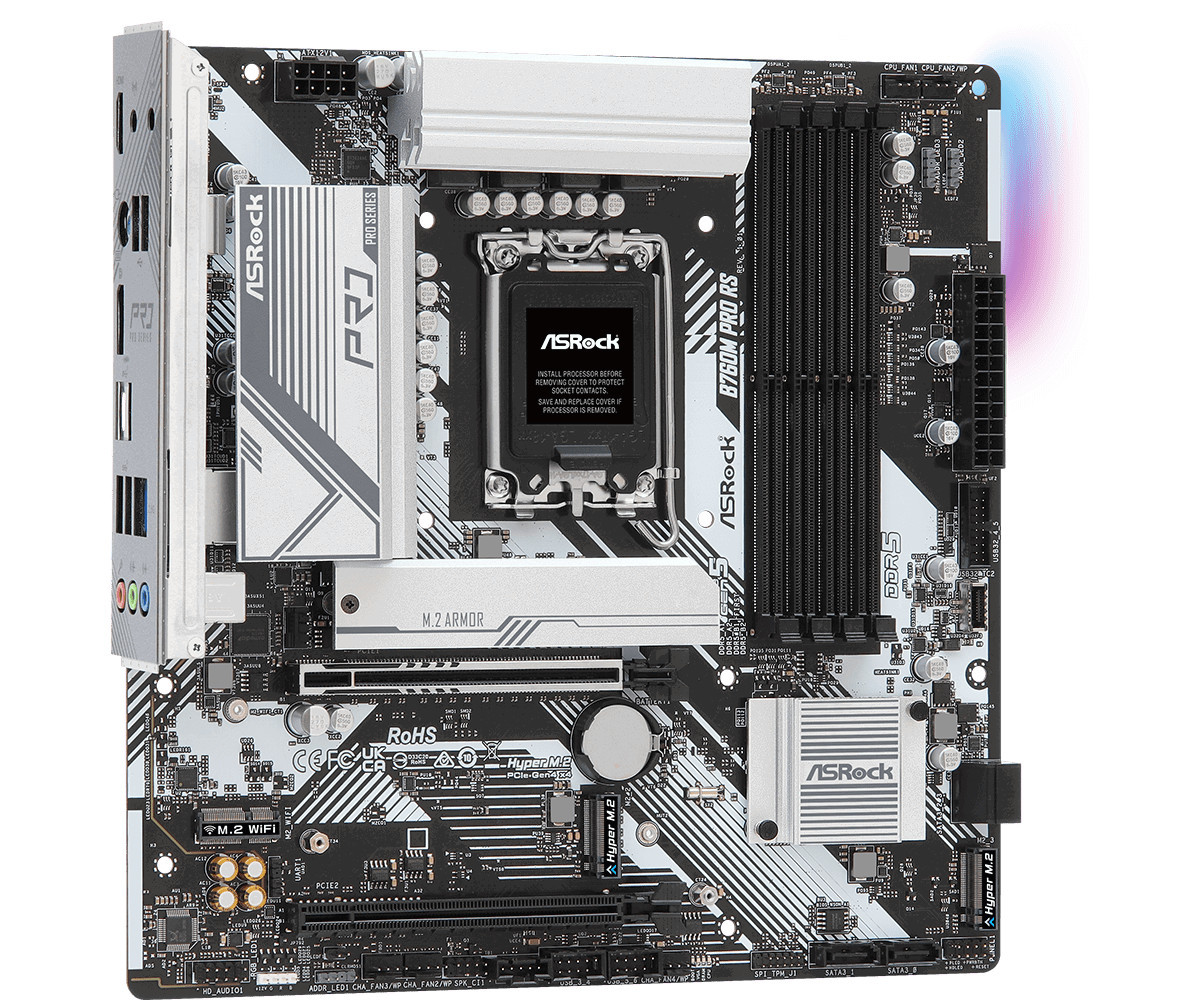 Дънна платка AsRock B760M Pro RS, LGA1700, DDR5, 1x PCIe 5.0, 3x Hyper M.2 PCIe Gen4x4 - 4