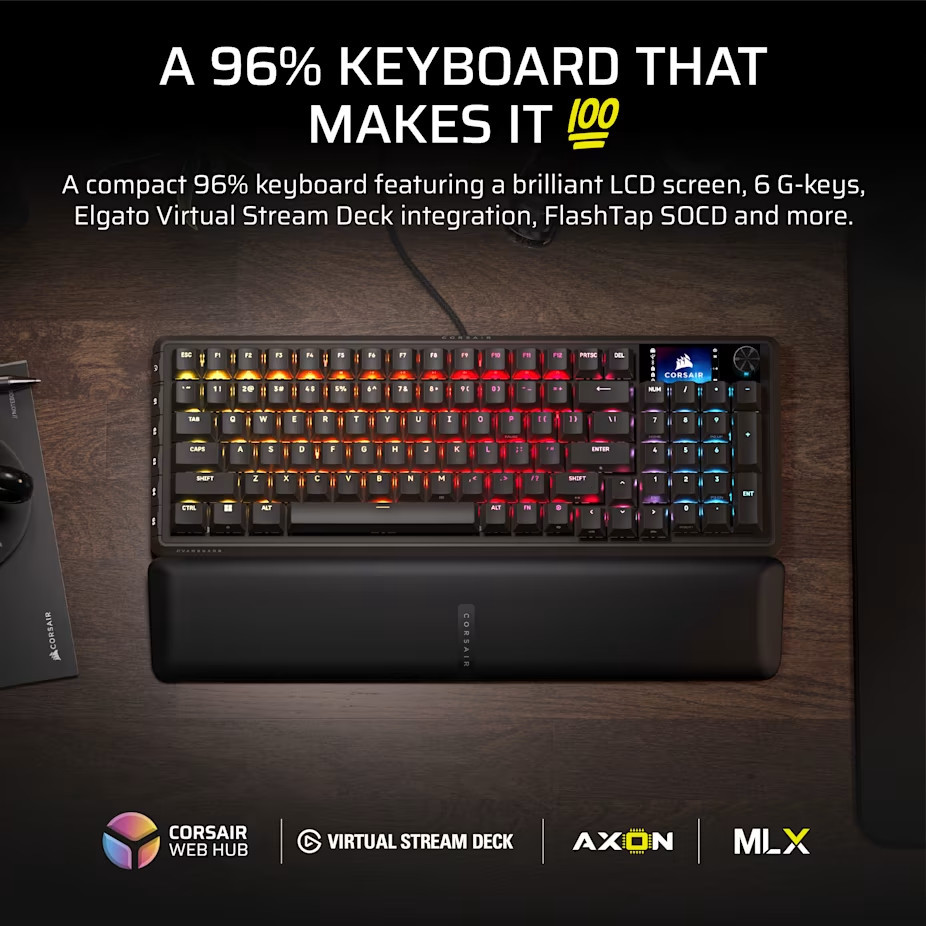 Механична геймърска клавиатура Corsair Vanguard 96, RGB подсветка, MLX Plasma суичове, Black PBT Keycaps - CH-91E901E-NA - 2