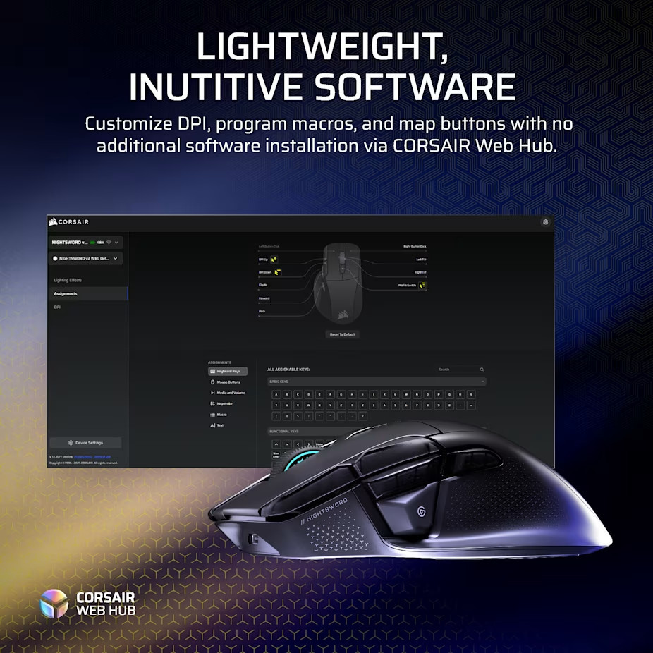 Безжична геймърска мишка CORSAIR NIGHTSWORD RGB, 33000 DPI, Bluetooth/2.4GHz, Оптична - CH-931E010-WW - 12