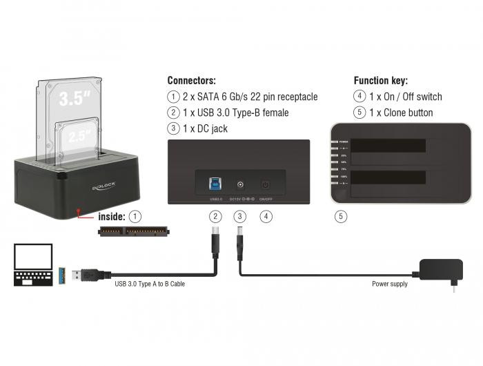 Външна докинг станция DeLock 62661, 2.5"/3.5" SATA, USB 3.0, Функция за клониране - DELOCK-62661 - 2