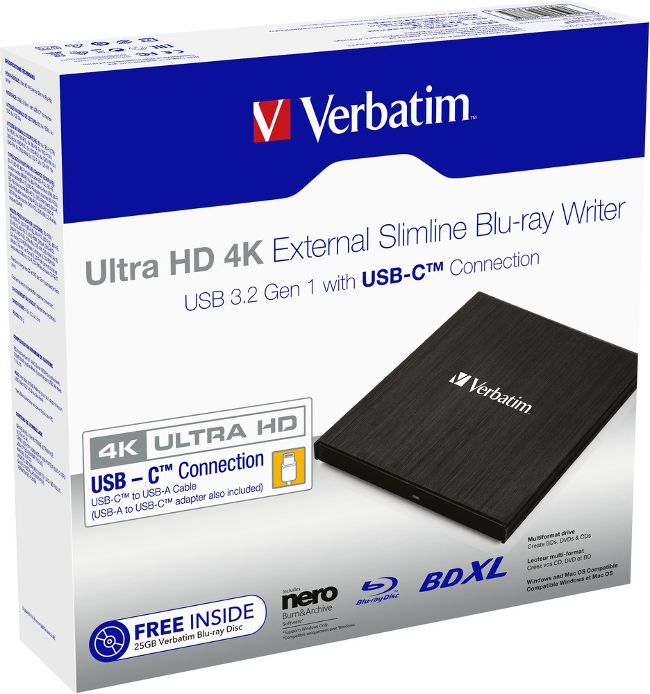 Външно оптично устройство Verbatim Ultra HD 4K Blu-ray Writer, USB 3.2 Gen1 Type-C, 6x BD-R/4x BD-R DL - 43888 - 3