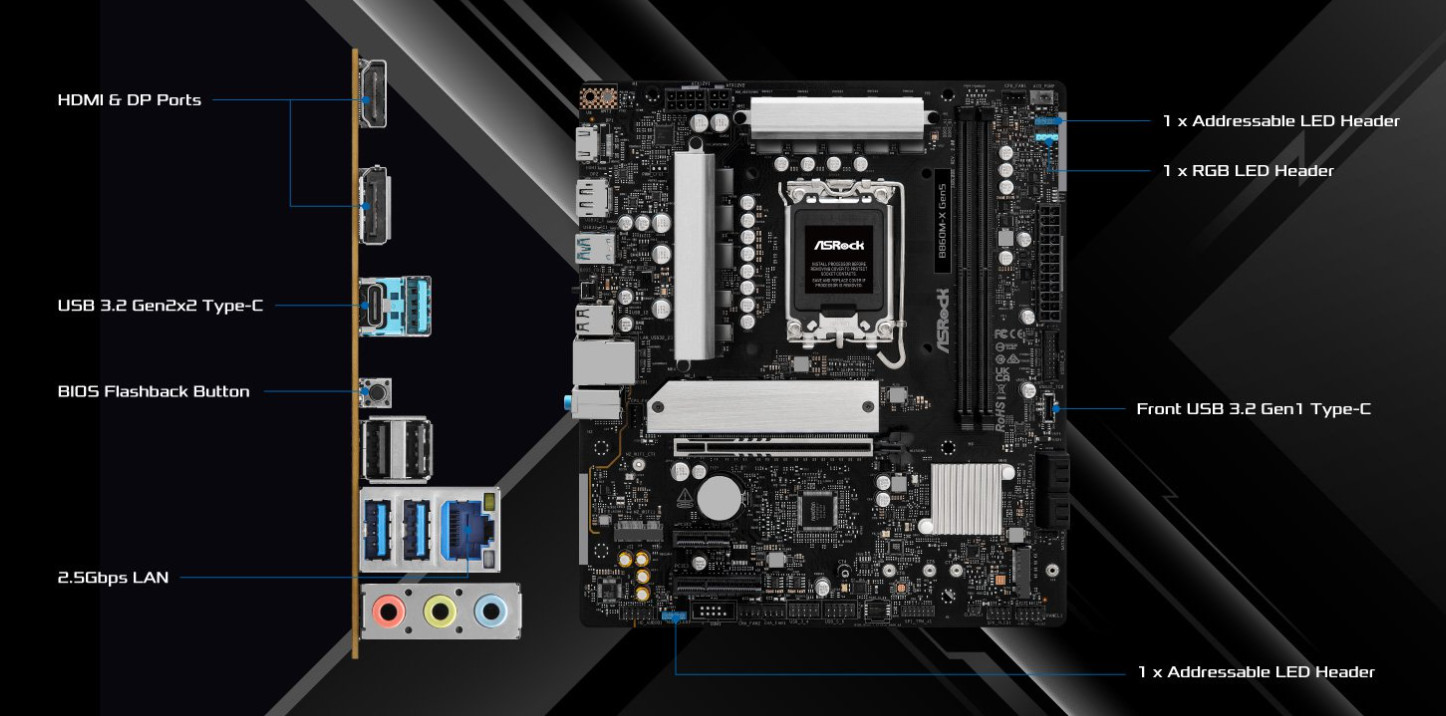Дънна платка ASRock B860M-X, LGA1851, B860, DDR5, PCIe 5.0 x16, 4x SATA3, 2.5GbE LAN, mATX - 2