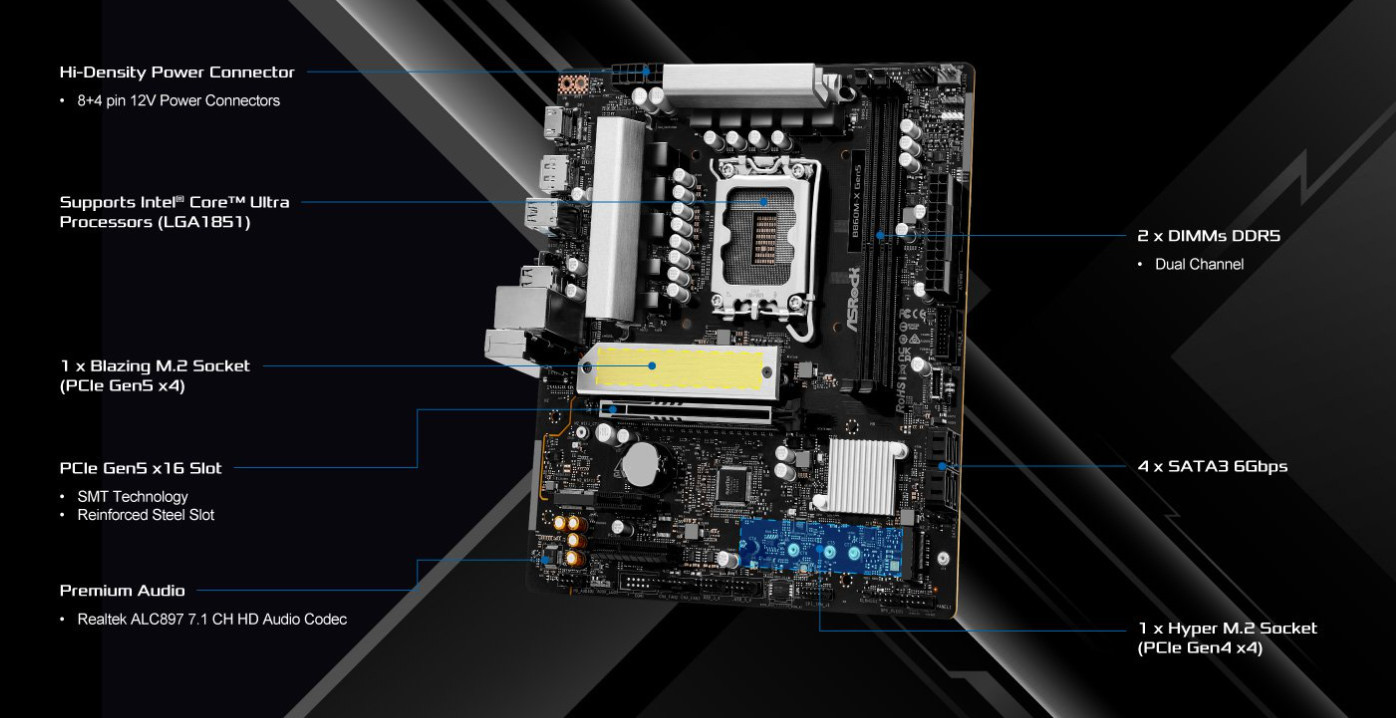 Дънна платка ASRock B860M-X, LGA1851, B860, DDR5, PCIe 5.0 x16, 4x SATA3, 2.5GbE LAN, mATX - 4