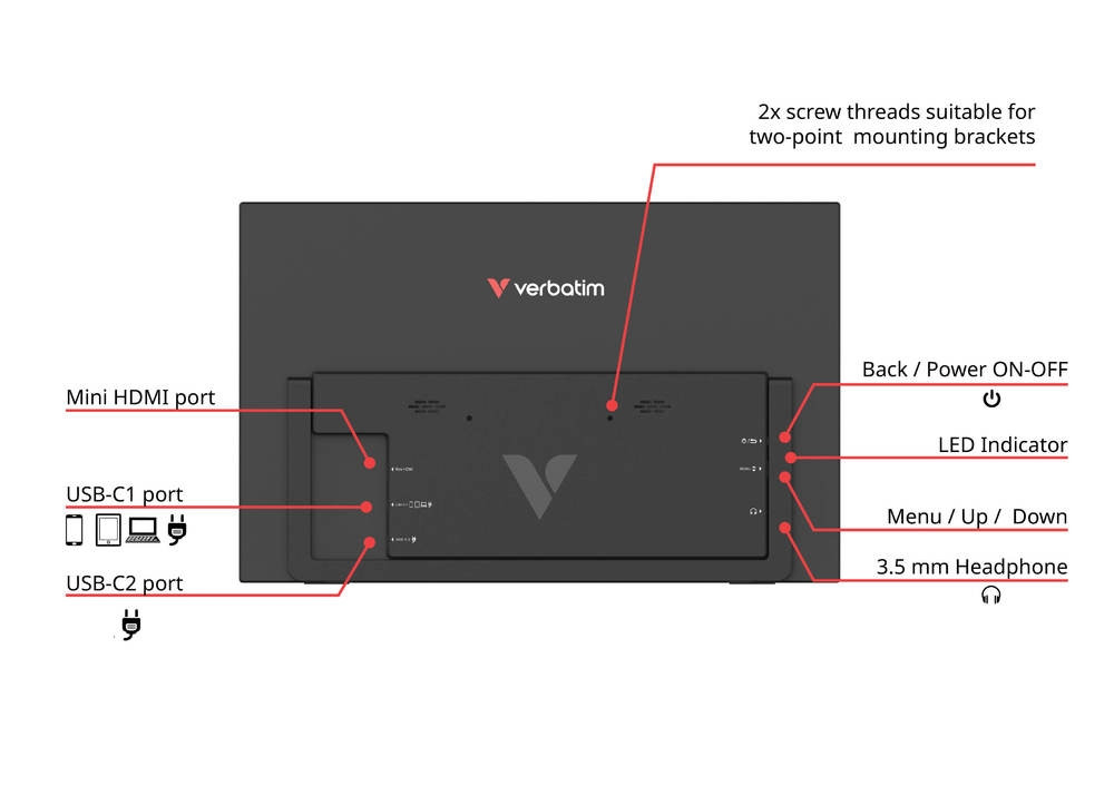 Монитор Verbatim Portable LIGHT, 14" (35.56 cm) Full HD IPS Touchscreen, Mini HDMI, 2x USB-C - 32400 - 5