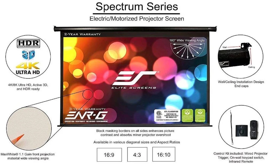 Прожекционен екран Elite Screen Electric125H Spectrum, 125" (16:9), 276.9 x 155.7 cm, MaxWhite - ELECTRIC125H - 10