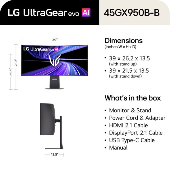 Монитор LG UltraGear evo 45GX950B-B, 44.5" Curved OLED QHD 5K2K (5120x1440), 165Hz, 0.03ms, G-Sync/FreeSync, USB-C 90W, HDR 400 - 11