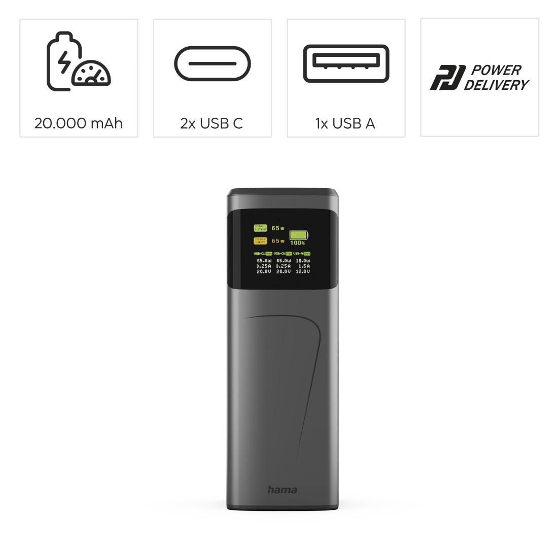 Външна батерия HAMA High Power, 20000 mAh, 65W, 2x USB-C, USB-A, Fast Charging - HAMA-201741 - 10