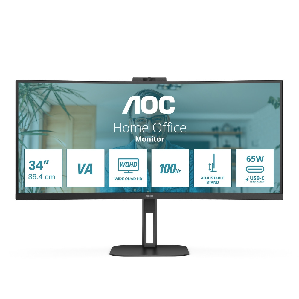Монитор AOC CU34V5CW, 34" Curved VA UWQHD, 100Hz, Webcam, USB-C - 1