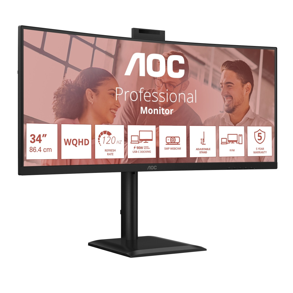 Монитор AOC CU34E4CW, 34" Curved UWQHD VA 120Hz, 5MP Webcam, USB-C Hub, KVM - 2