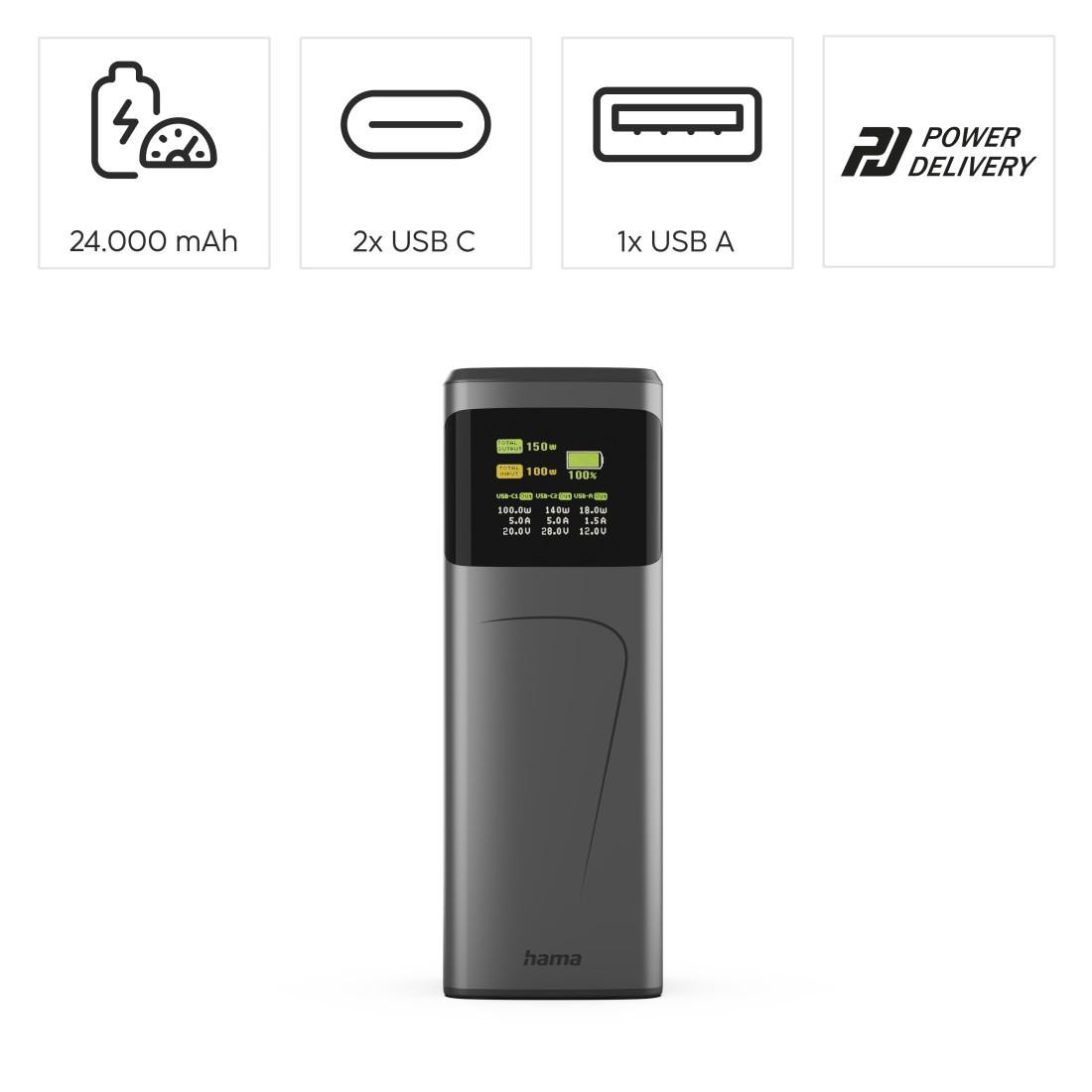 Външна батерия HAMA High Power, 24000 mAh, 150W, 2x USB-C, USB-A, бързо зареждане - HAMA-201742 - 5
