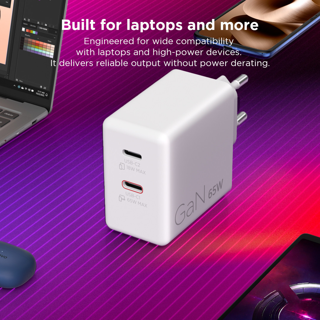 Адаптер Lenovo Dual USB-C, 65W, бял - G0A6065WEU - 3