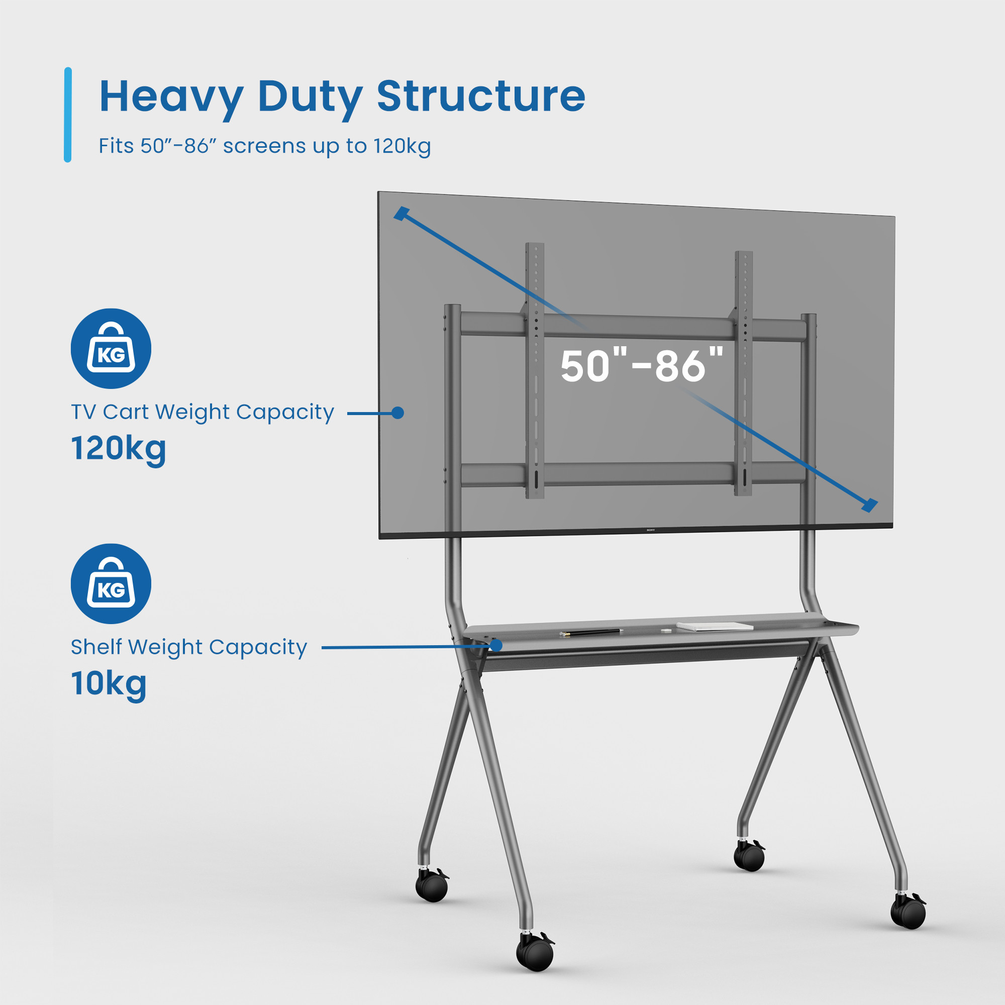 Стойка за телевизор Ewent EW1542 Heavy-Duty, 50"-86", с колела, до 120 kg - 4