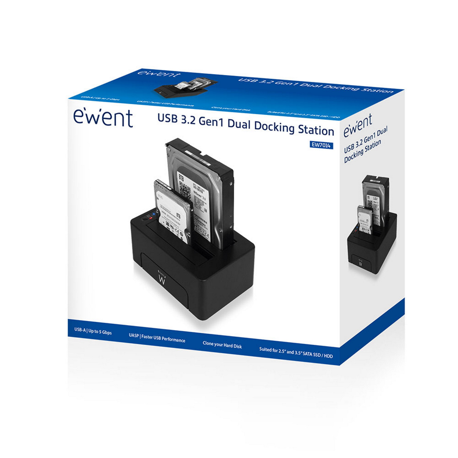 Докинг станция за дискове Ewent EW7014, двойна за 2.5"/3.5" SATA HDD/SSD, USB 3.2 Gen1 - 6