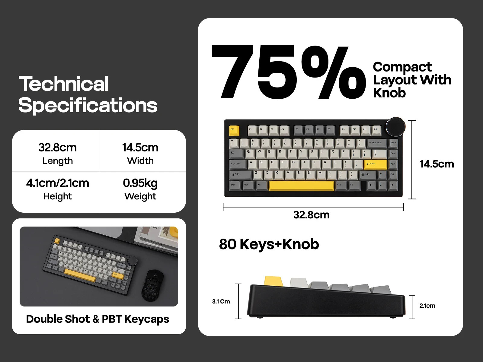 Механична геймърска клавиатура Ajazz AK820 V2, 75%, Arctic Isle Magnetic Switch (Linear), RGB подсветка, 82 клавиша - AK820-V2-AIS-BGY - 2