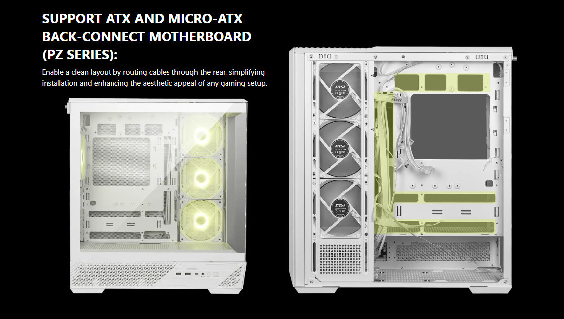Кутия за компютър MSI MAG PANO 130R PZ WHITE, Mid-Tower, ATX, 4x 120mm ARGB вентилатора, Tempered Glass, бяла - 306-7G32W21-HH9 - 5
