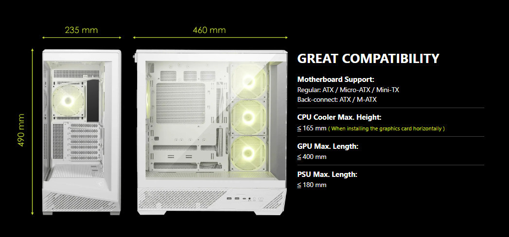 Кутия за компютър MSI MAG PANO 130R PZ WHITE, Mid-Tower, ATX, 4x 120mm ARGB вентилатора, Tempered Glass, бяла - 306-7G32W21-HH9 - 7