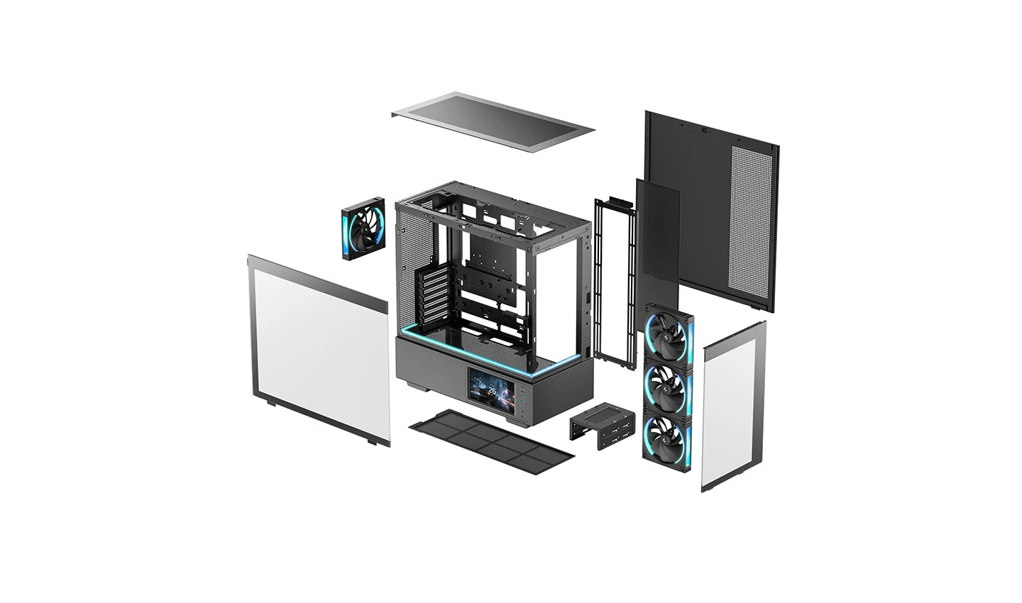 Кутия за компютър DeepCool CH690 LCD, Middle Tower, ATX/mATX/Mini-ITX, Tempered Glass, 4x140mm ARGB вентилатора, 7" LCD дисплей - R-CH690LCD-BKNNA0D-G - 12