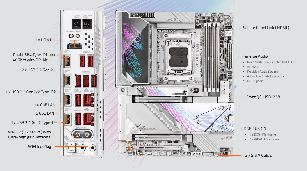 Дънна платка Gigabyte X870E Aorus Master X3D Ice, AMD AM5, DDR5, Wi-Fi 7 - X870E A MASTER X ICE - 9