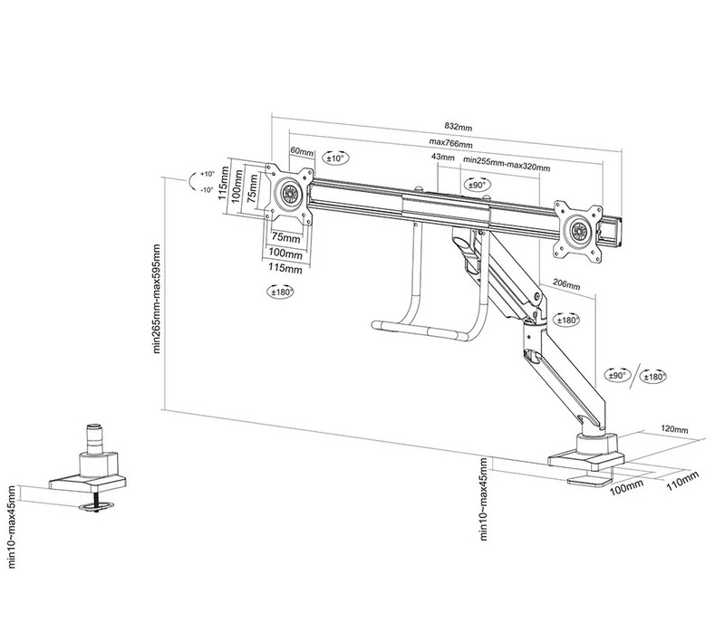 Стойка за монитори Neomounts NM-D775DXBLACK, 10-32", 2 екрана, газова пружина, VESA 75x75-100x100 - NM-D775DXBLACK - 12