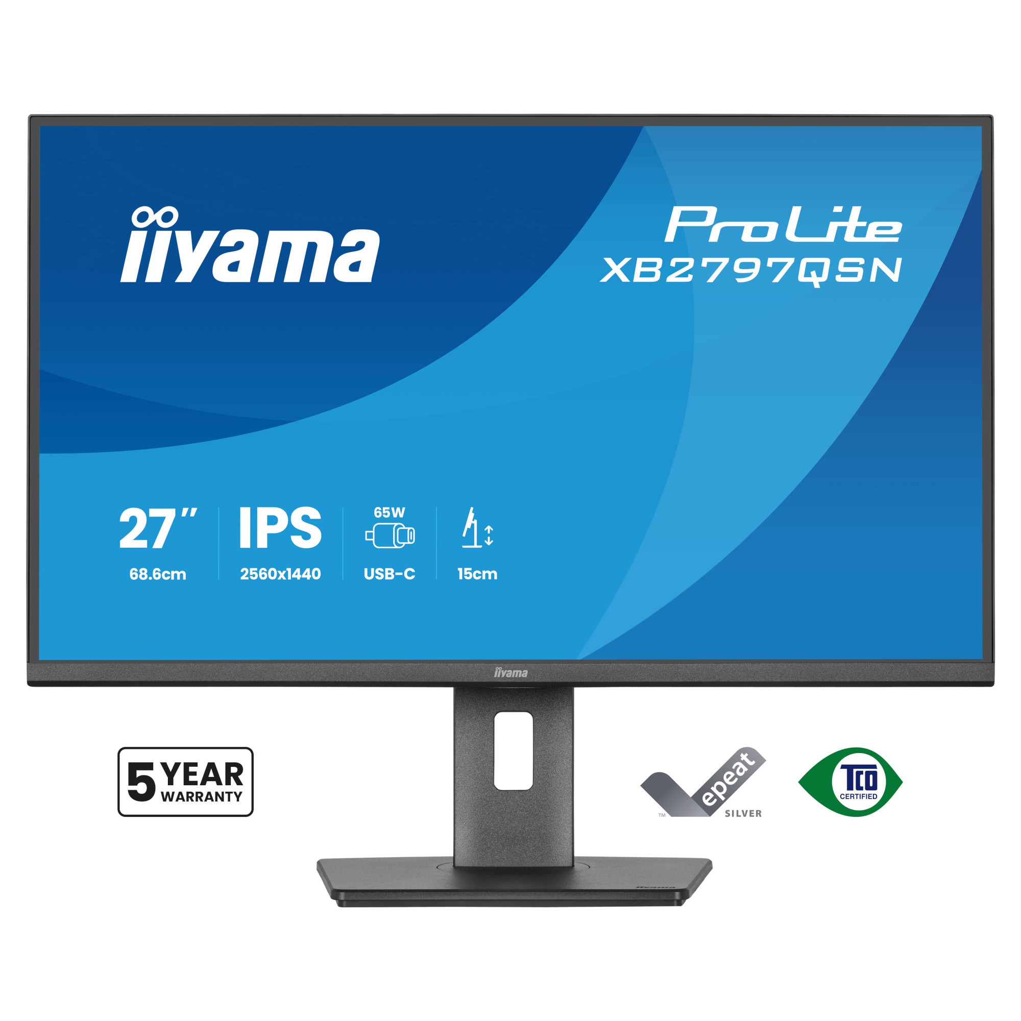 Монитор IIYAMA XB2797QSN-B1, 27" QHD IPS, 2560x1440, 75Hz, USB-C Docking 65W, VESA - 1