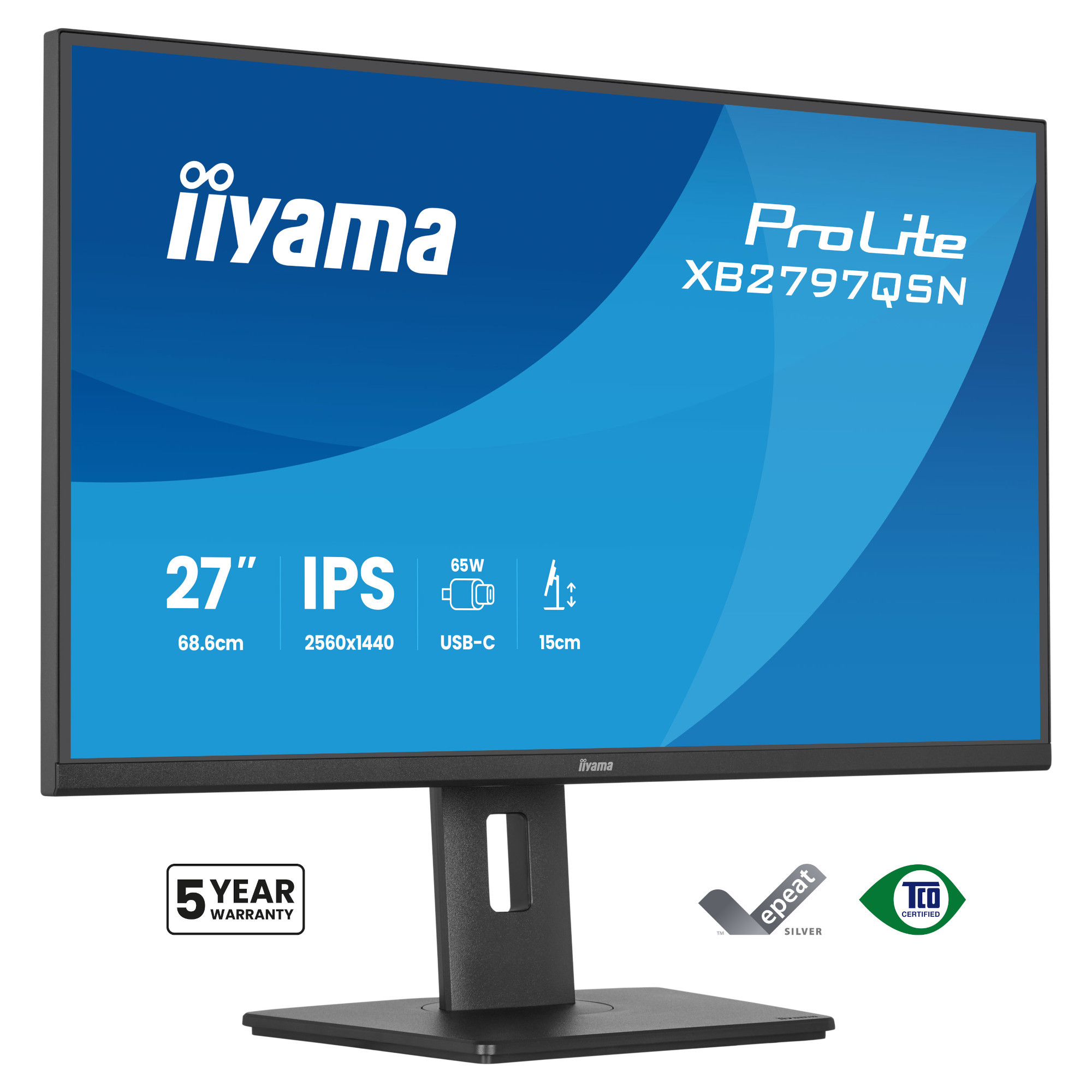 Монитор IIYAMA XB2797QSN-B1, 27" QHD IPS, 2560x1440, 75Hz, USB-C Docking 65W, VESA - 3