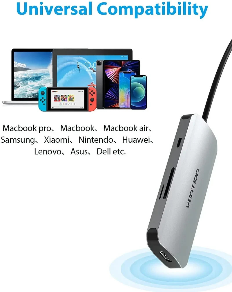 Докинг станция Vention Type-C TOJHB, HDMI, 3x USB 3.0, USB-C PD 100W, SD/TF - TOJHB - 3