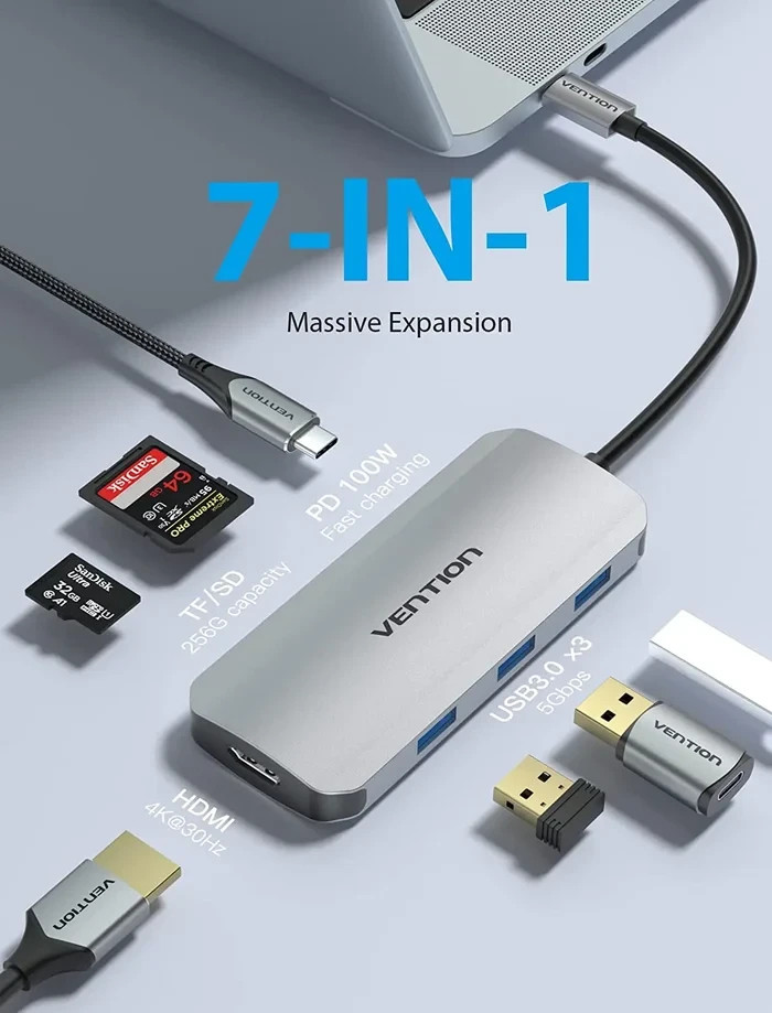 Докинг станция Vention Type-C TOJHB, HDMI, 3x USB 3.0, USB-C PD 100W, SD/TF - TOJHB - 5