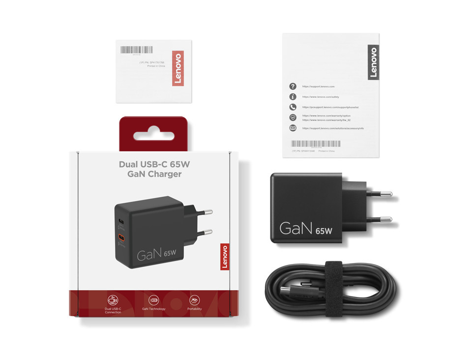 Адаптер за лаптоп Lenovo Dual 65W USB-C, 2 порта USB-C (45W + 18W), черен - G0A6065BEU - 1