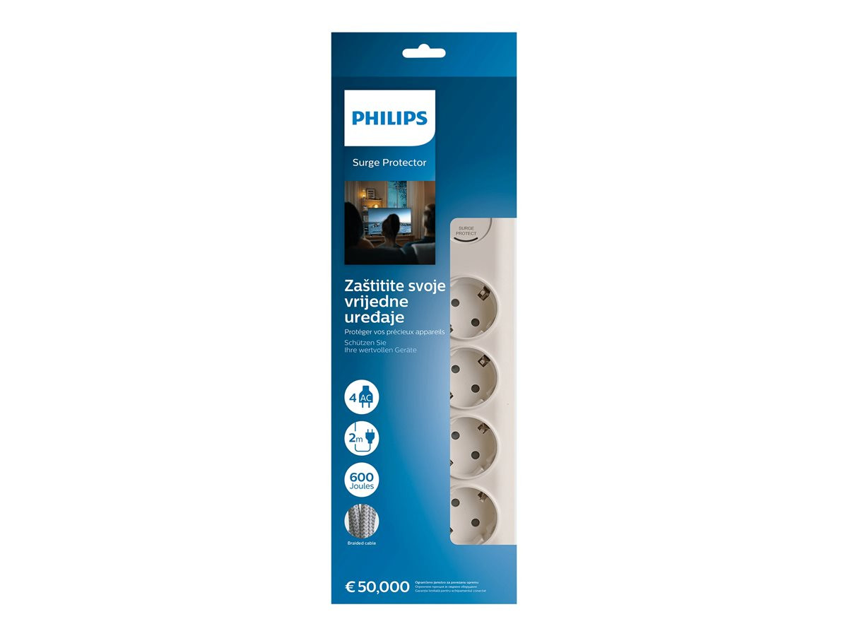 Разклонител Philips SPN7040WA, 4 гнезда, защита 600J, 3680W, 2m кабел - SPN7040WA/58 - 1