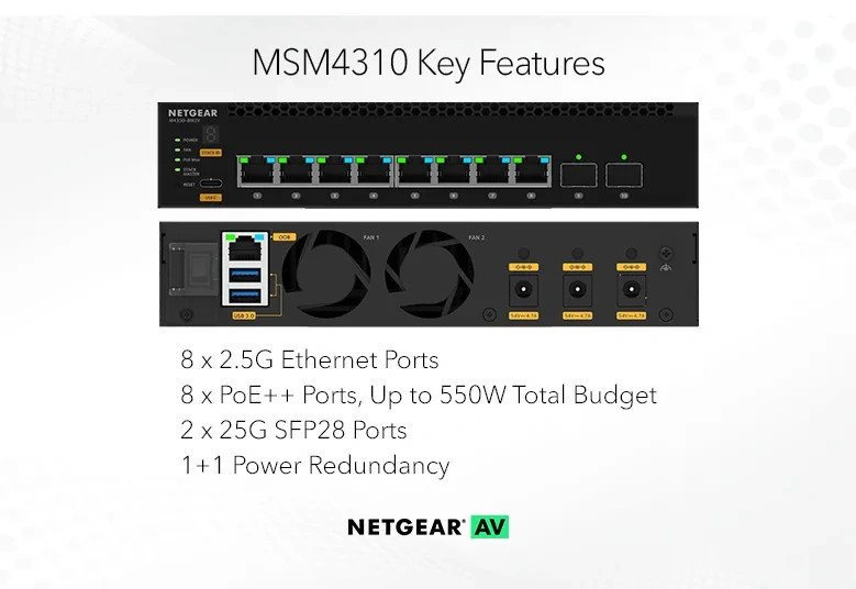 Мрежов суич NETGEAR M4350-8M2V, 8x 2.5GBase-T PoE++, 2x 25G SFP28, L3 Managed - MSM4310-100NES - 2
