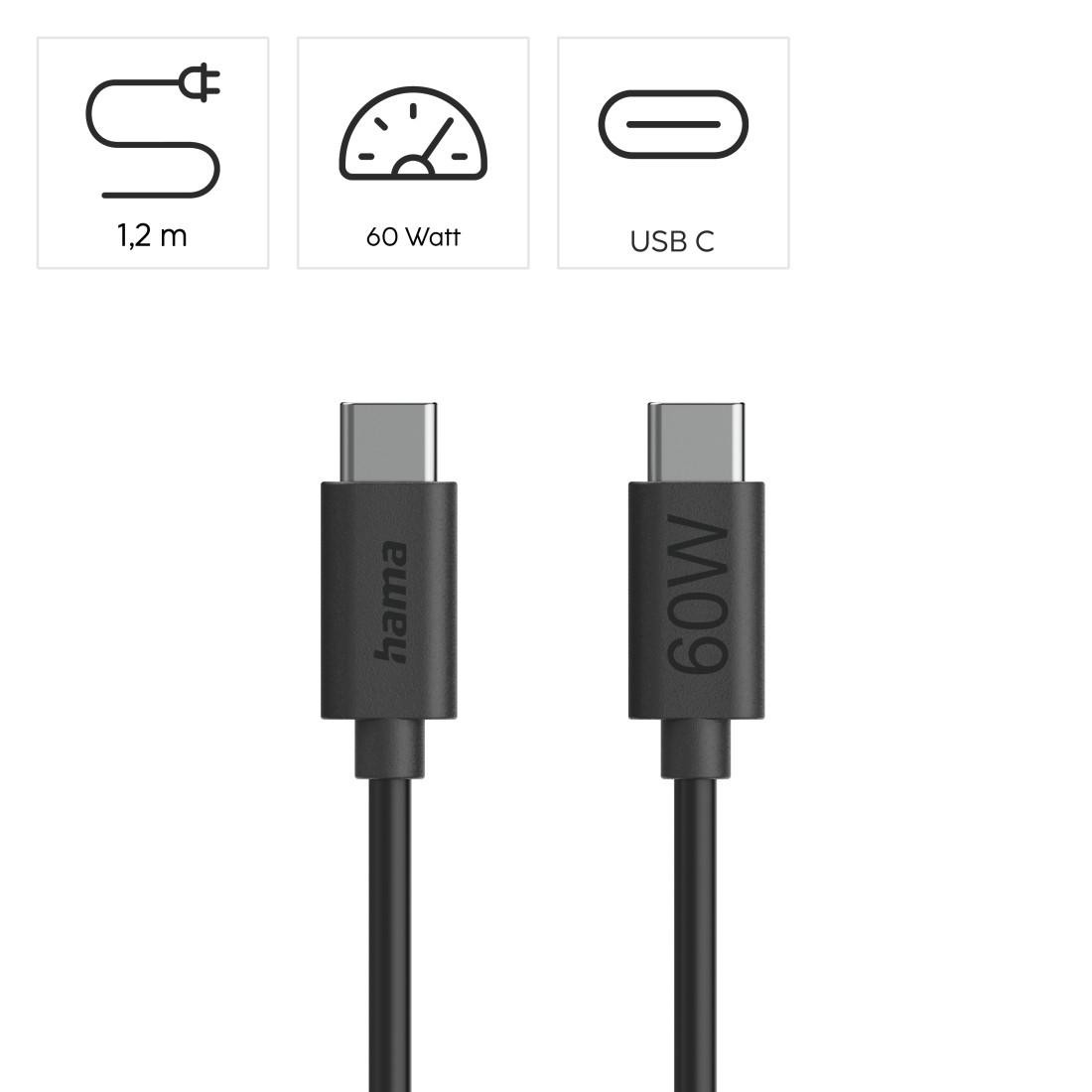 Кабел за зареждане HAMA, USB-C - USB-C, 60W, 1.2м, черен - HAMA-86446 - 3