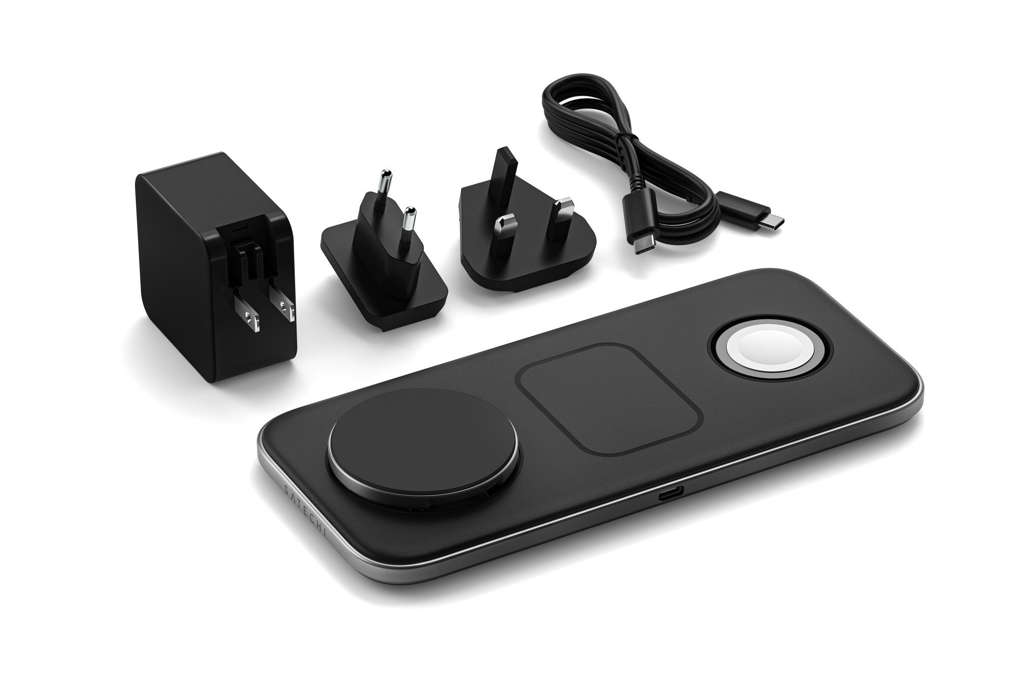 Безжично зарядно Satechi Qi2 Trio, 3 в 1 за телефон, слушалки и часовник, Space Gray, щепсели Type A, C, G - ST-QTPM-EA - 8