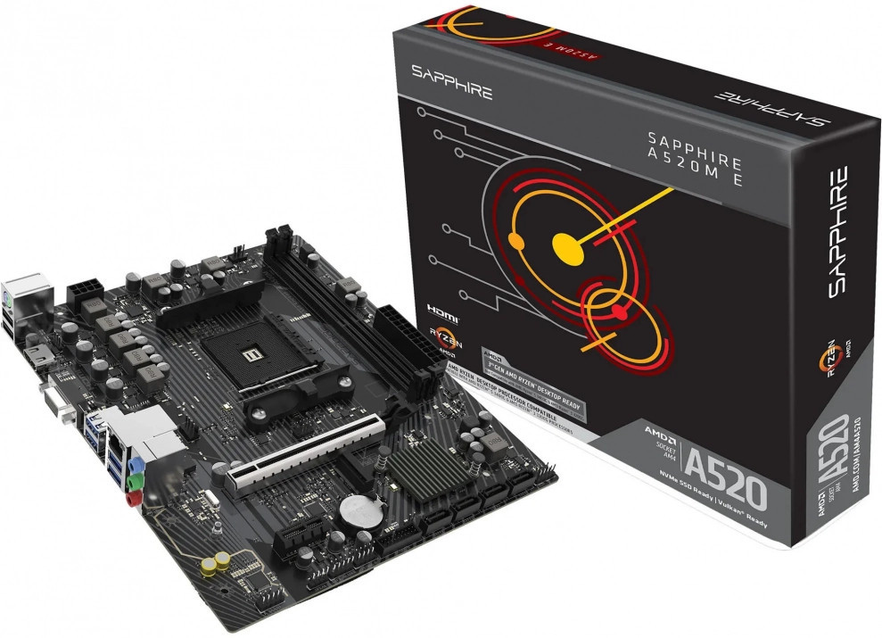 Дънна платка SAPPHIRE A520M-E, AMD A520, Socket AM4, 2x DDR4 до 64GB, 1x M.2, 4x SATA, Micro-ATX - 52119-04-40G - 1