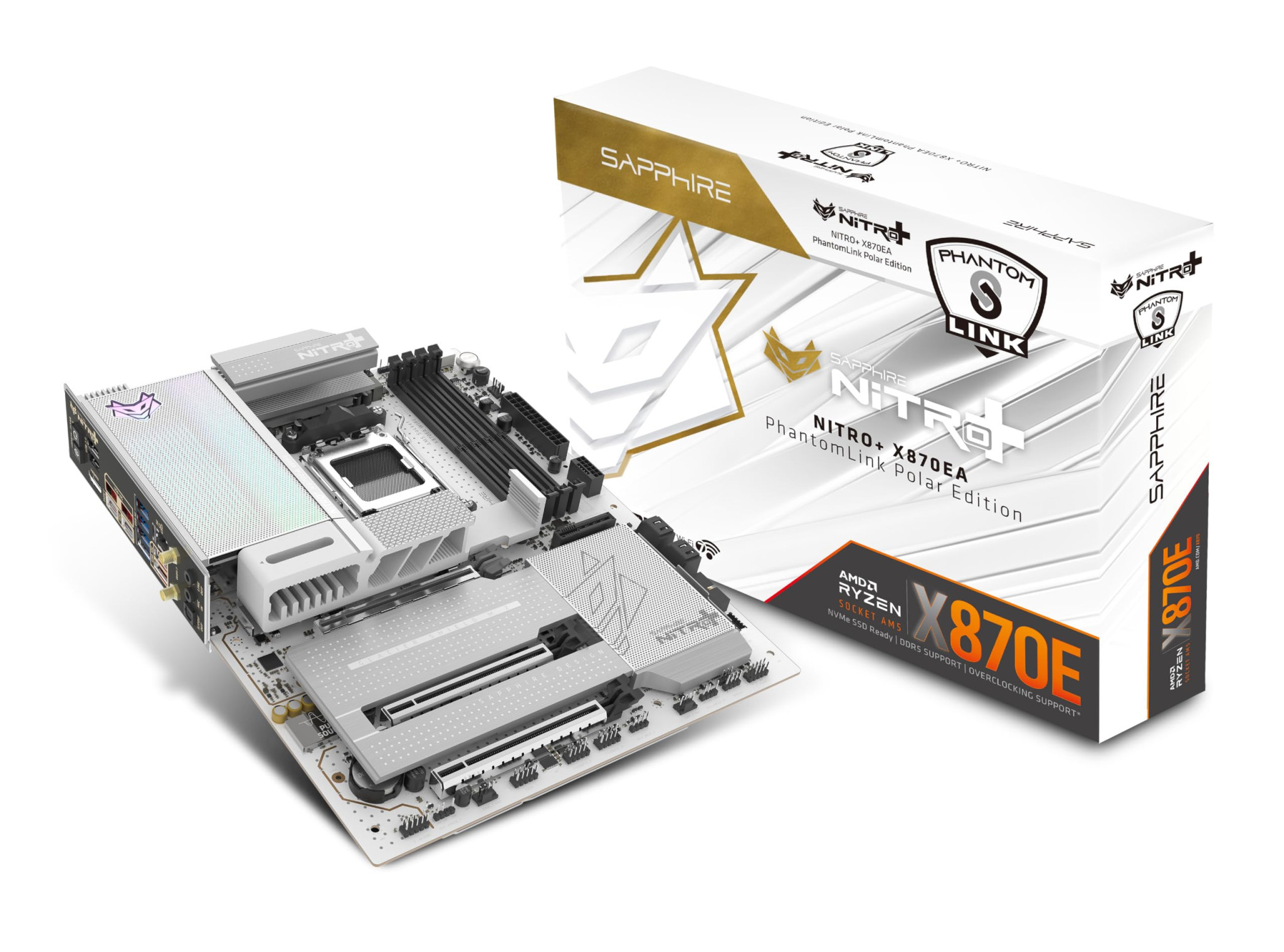 Дънна платка Sapphire NITRO+ X870E PhantomLink Polar Edition, Socket AM5, 4 × DDR5, PCIe 5.0 x16, 4 × M.2, Wi-Fi 7, ATX - 52122-11-40G - 1