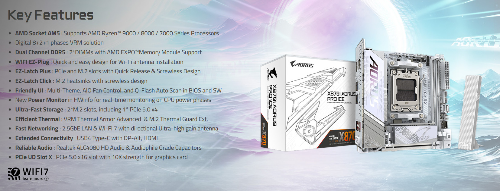 Дънна платка GIGABYTE X870I AORUS PRO ICE WIFI 7, Socket AM5, AMD X870, DDR5, Wi-Fi 7, Mini ITX - 2