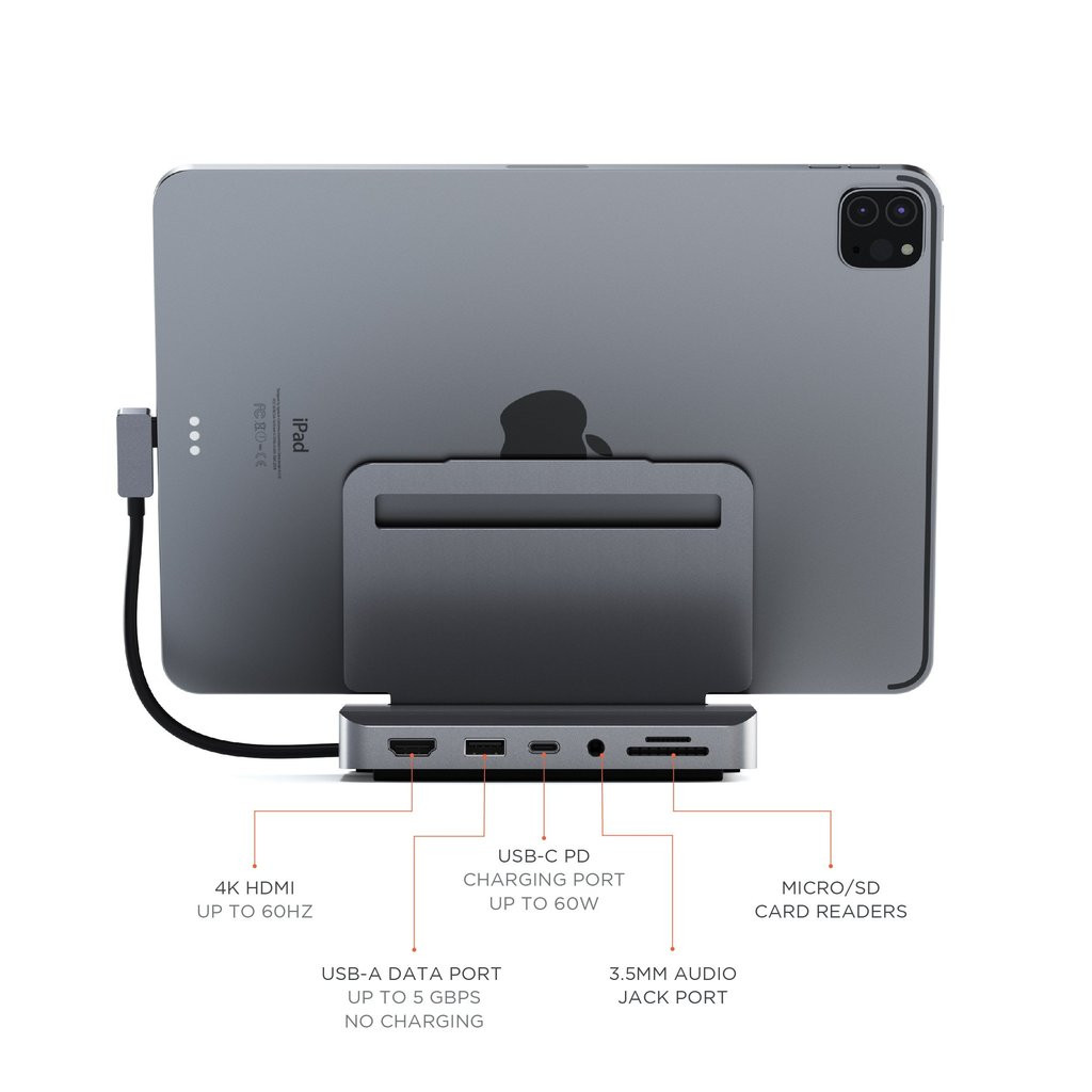 Докинг станция Satechi Aluminium Stand & Hub за iPad Pro, USB-C PD до 60W, 4K HDMI 60Hz, USB-A, SD четец, аудио жак 3.5mm, Space Grey - ST-TCSHIPM - 5
