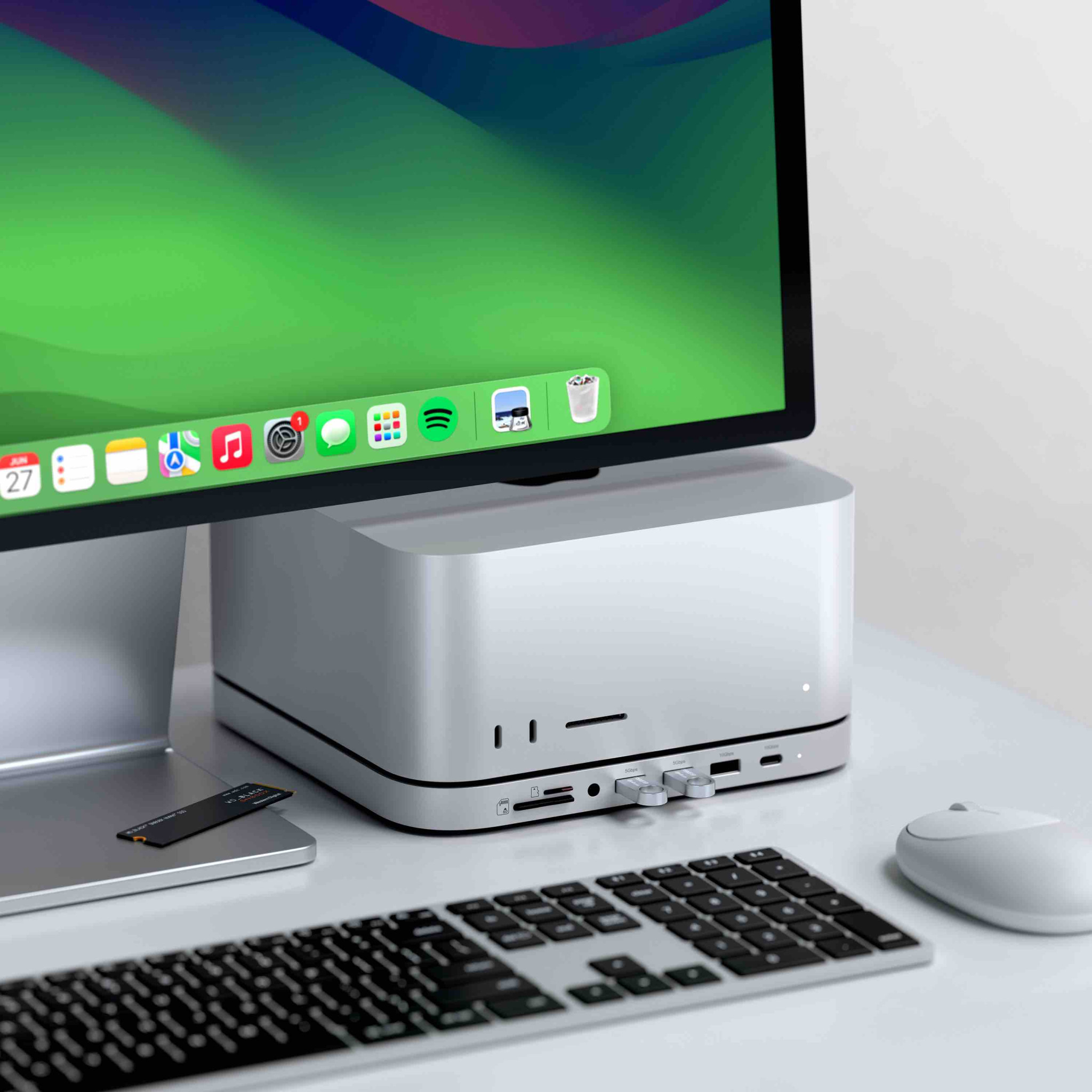 Докинг станция Satechi за Mac Mini/Studio, 1x USB-C 3.2, 1x USB-A 3.2, 2x USB-A 3.0, 3.5mm аудио, Micro/SD четец, отделение за NVMe/M.2 SATA SSD (без диск), сребрист - ST-GMMSHS - 7