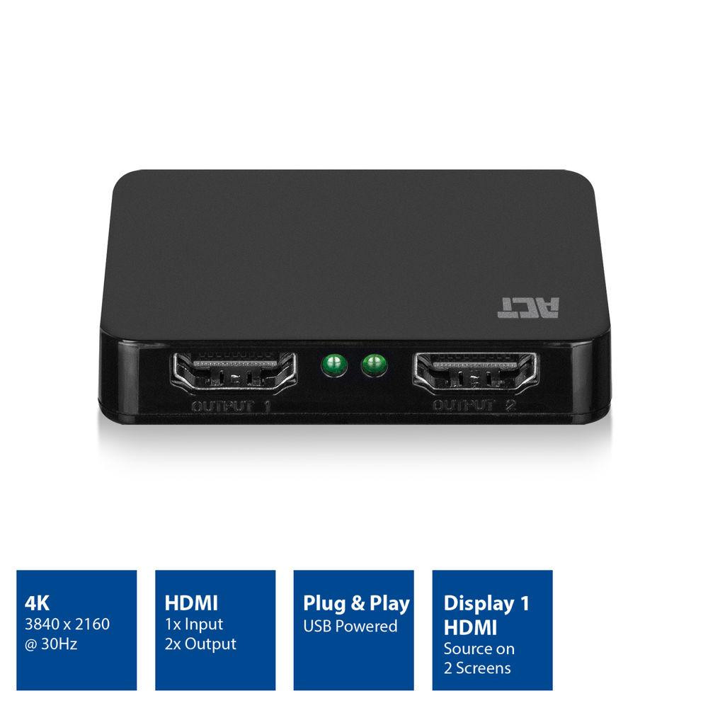 HDMI сплитер ACT, 1 вход към 2 изхода, 4K@30Hz, USB захранване, черен - AC7835 - 4